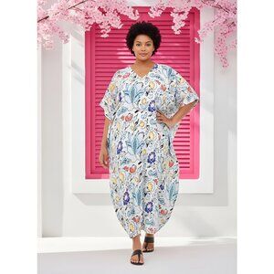 Womens Beautiful Off White Floral Loungewear Traditional Kaftan Night Gown Dress